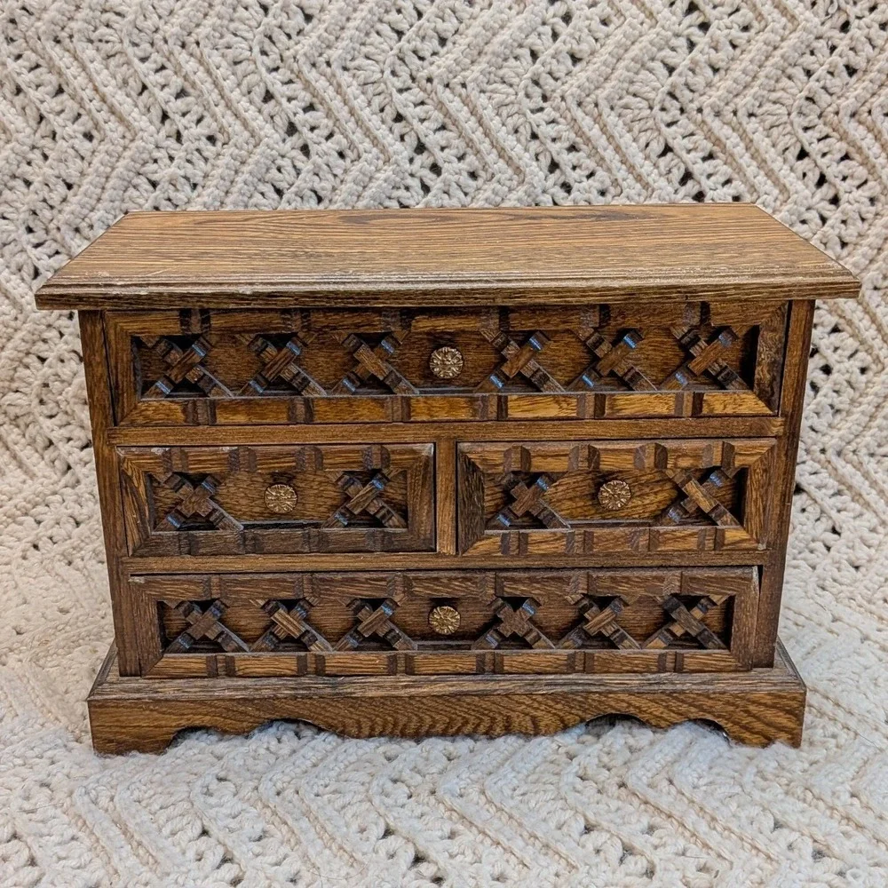 Vintage Wooden Musical Jewelry Box 4 Drawer Dresser Chest Lattice Wood Mustard